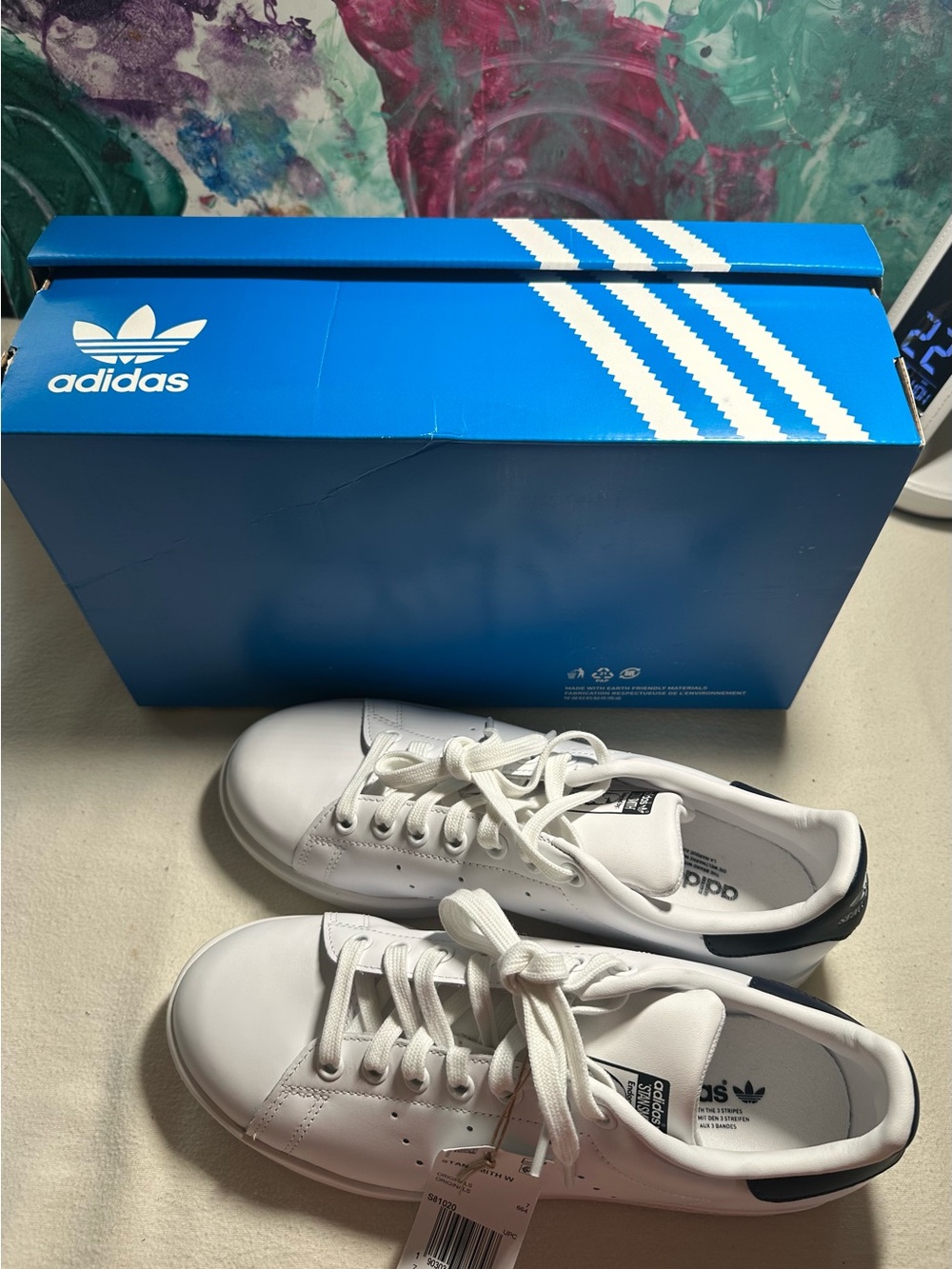 NWT Adidas Stan Smith White Leather Sneakers with Navy Heel Tab